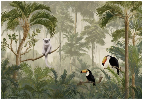Fototapeta zielona dżungla tukany lemur palmy tropikalne zwierzęta