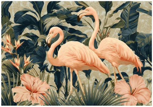 Fototapeta flamingi i kwiaty różowa tropikalne liście egzotyczna dżungla