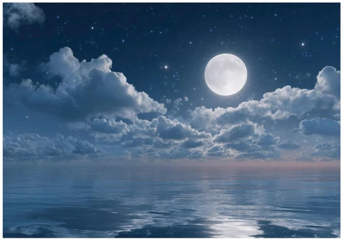 Fototapeta nocne morze pełnia księżyca granatowe niebo i chmury