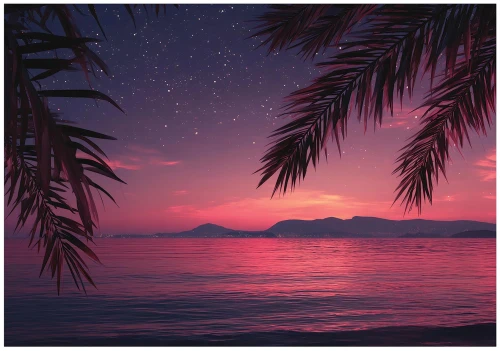Fototapeta tropikalna plaża różowy zachód słońca morze palmy nocą