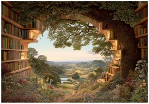 Fototapeta magiczne drzewo z biblioteczką zielono brązowy krajobraz fantasy