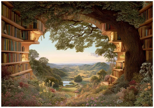 Fototapeta magiczne drzewo z biblioteczką zielono brązowy krajobraz fantasy
