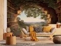 Fototapeta magiczne drzewo z biblioteczką zielono brązowy krajobraz fantasy