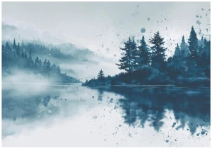 Fototapeta jezioro i las niebiesko biała akwarelowa panorama natury