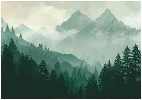 Fototapeta góry i las we mgle zielono szary krajobraz naturalny