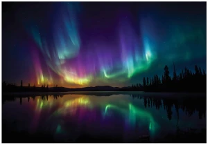 Fototapeta zielona zorza polarna nad jeziorem nocny krajobraz ścienny