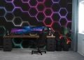 Fototapeta 3d czarna neonowe sześciokąty kolorowa geometria nowoczesna