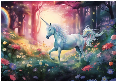 Fototapeta las 3d jednorożec magiczny kwiaty różowy niebieski do pokoju