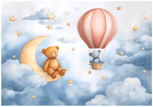 Fototapeta 3d misie księżyc balon chmury gwiazdy błękitne akwarela pokój