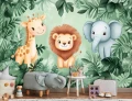 Fototapeta las 3d żyrafa lew słoń tropikalne liście zielone safari dzieci