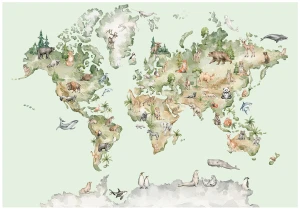 Fototapeta 3d zielona mapa świata zwierzęta akwarela do pokoju dziecka