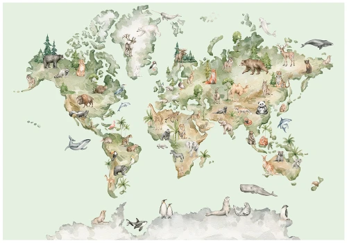 Fototapeta 3d zielona mapa świata zwierzęta akwarela do pokoju dziecka