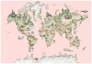Fototapeta 3d mapa świata ze zwierzętami akwarela pokój dziecka różowa