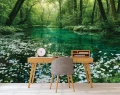 Fototapeta 3d zielony las jezioro białe kwiaty drzewa natura krajobraz