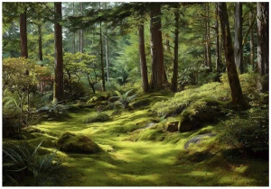 Fototapeta 3d zielony las mech drzewa paprocie natura leśny dziki krajobraz