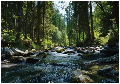 Fototapeta 3d zielony las górski strumień kamienie drzewa natura pejzaż