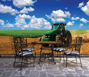 Fototapeta traktor na polu niebo chmury